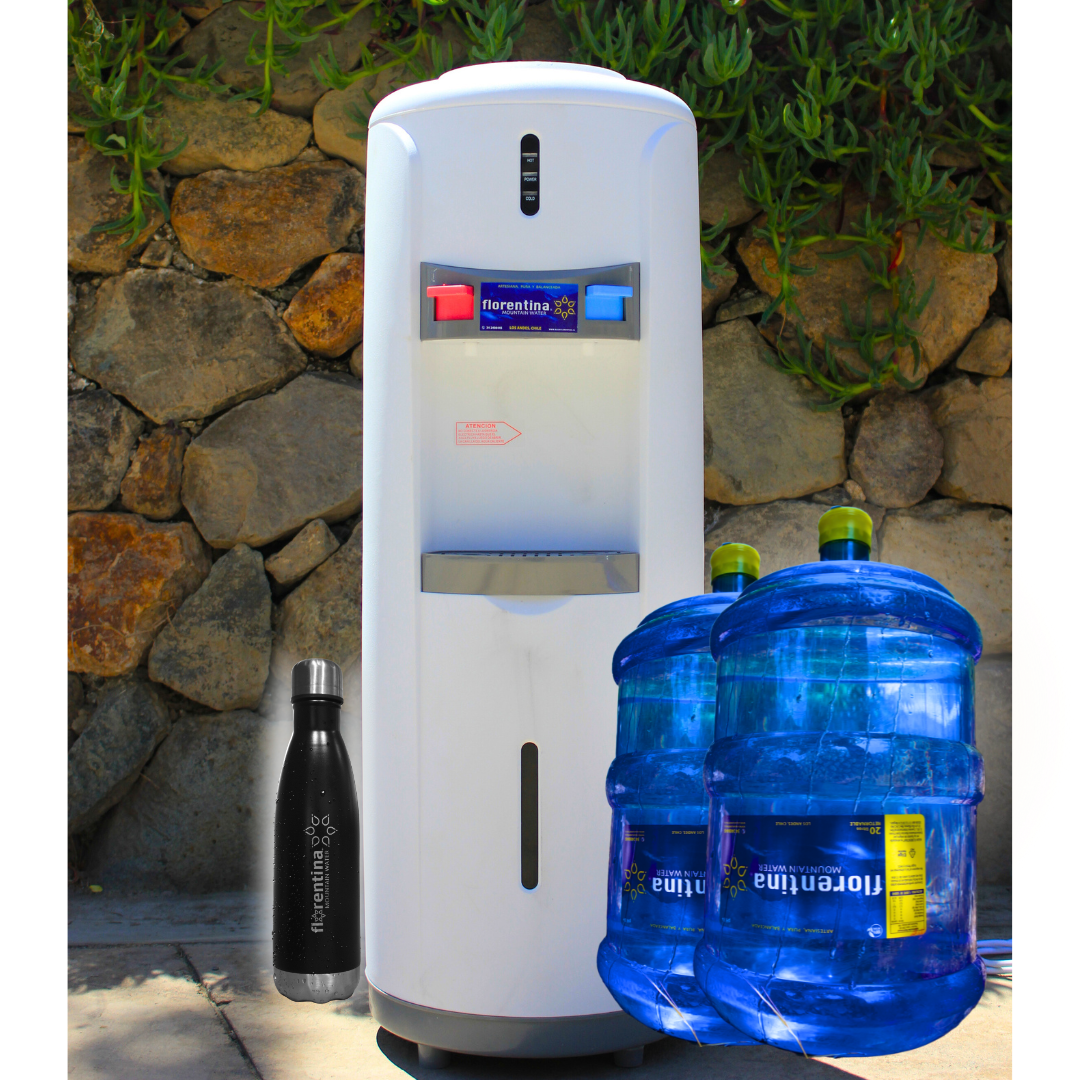 1 DISP DE PEDESTAL + 2 BIDONES CON RECARGAS DE 20lts + 1 BOTELLA TÉRMICA 500ML.